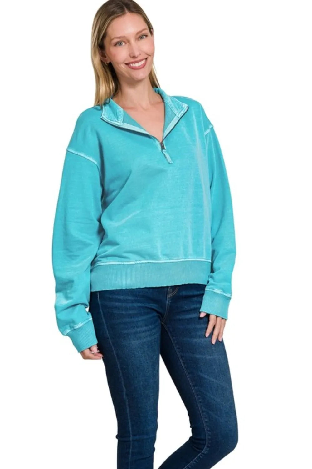 Image of Zenana F/terry Pigment Dye & Enzyme Washing Half Zip Top | Queeble.shop
