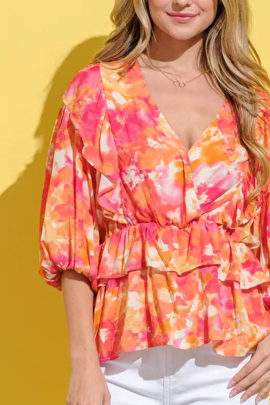 Image of And The Why Ruffled Printed Puff Sleeve Blouse | Queeble.shop