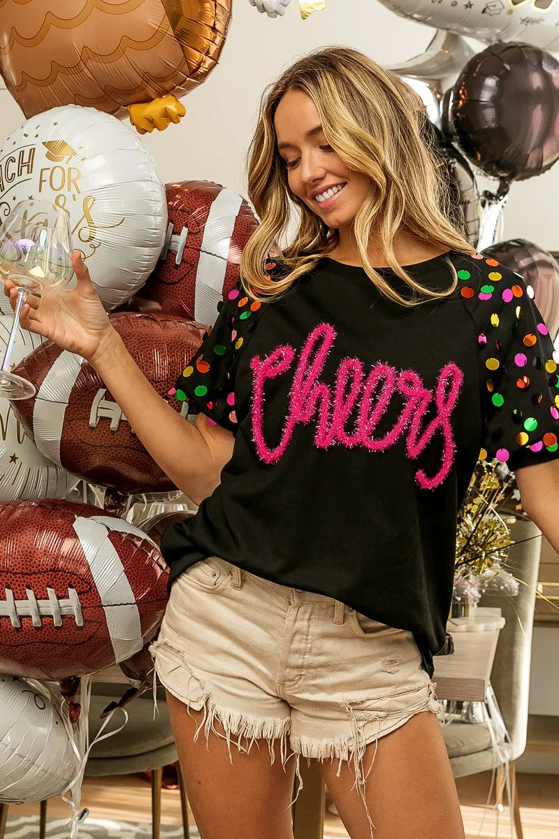 Image of BiBi Metallic Letter Spangle Raglan Puff Sleeve Top | Queeble.shop