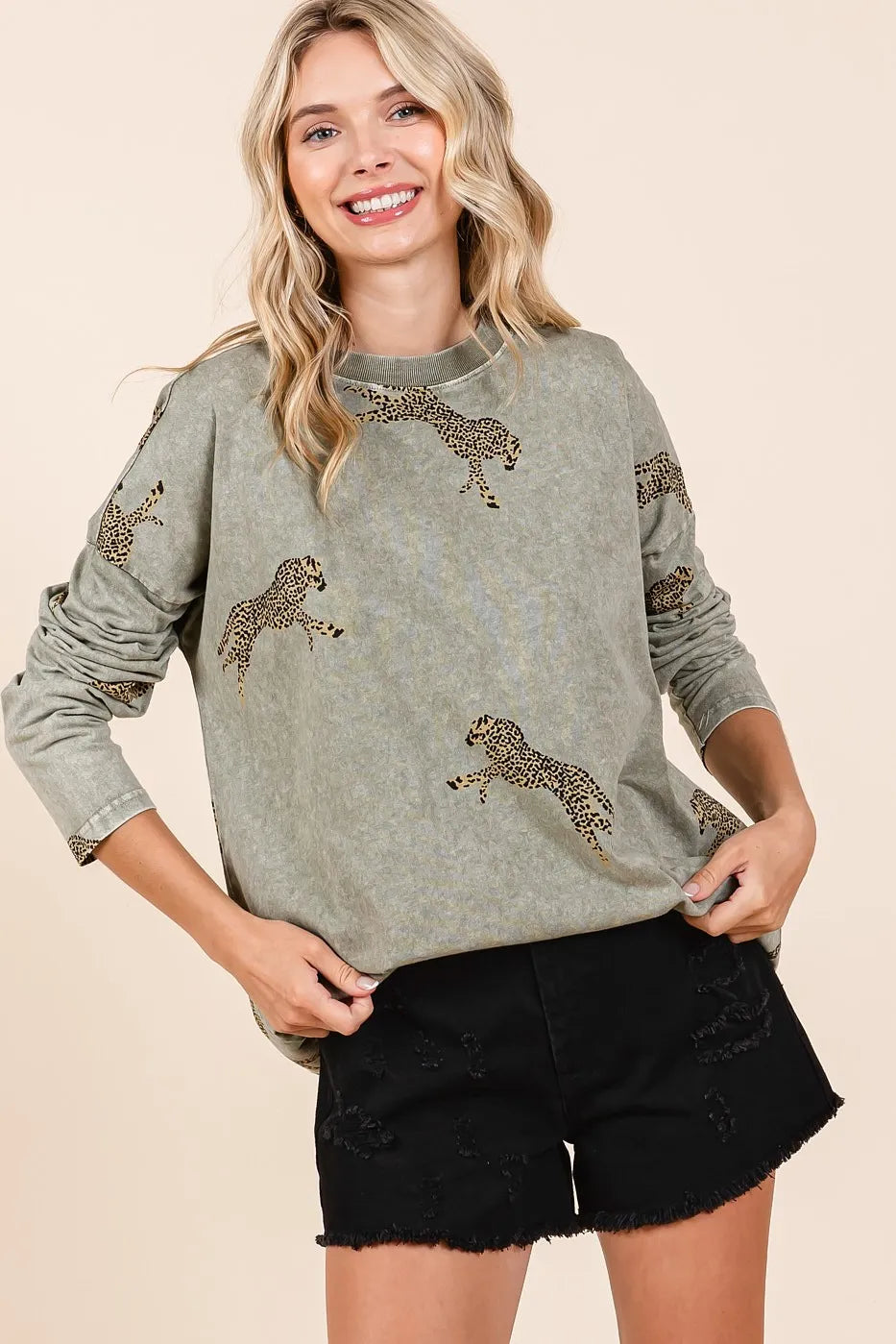 Image of Mittoshop Mineral Wash Cheetah Print Long Sleeve Top | Queeble.shop