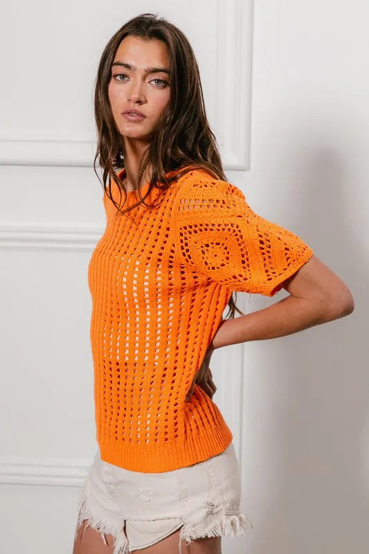 Image of BiBi Crochet Knit Cover Up With Puff Sleeves | Queeble.shop
