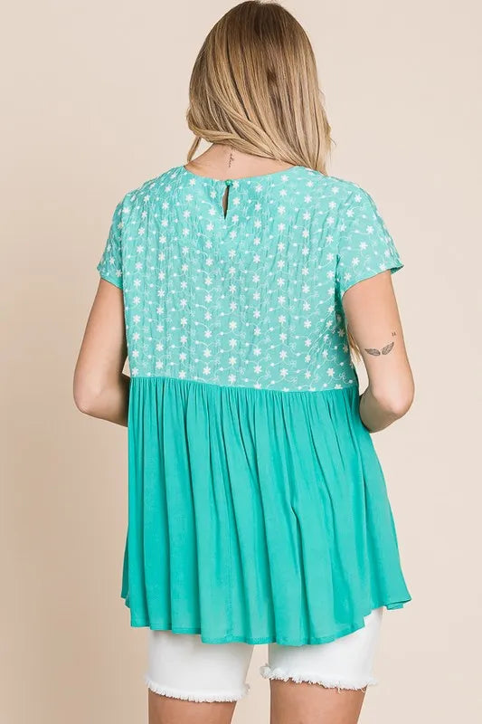 Image of Lime 'N' Chili Full Size Embroidered Short Sleeve Pleated Babydoll Top Plus Size | Queeble.shop