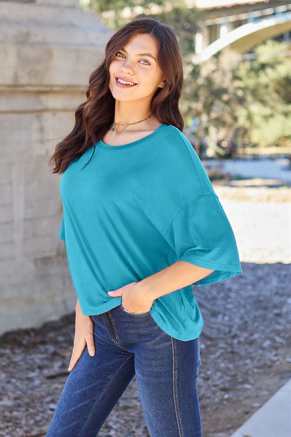 Image of Basic Bae Full Size Round Neck Drop Shoulder T-Shirt | Queeble.shop