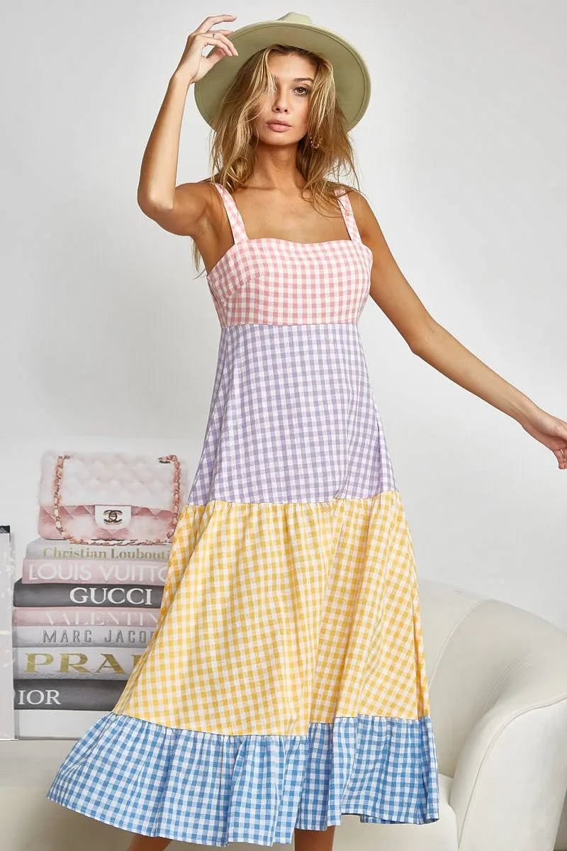 Image of BiBi Color Block Tiered Gingham Dress | Queeble.shop