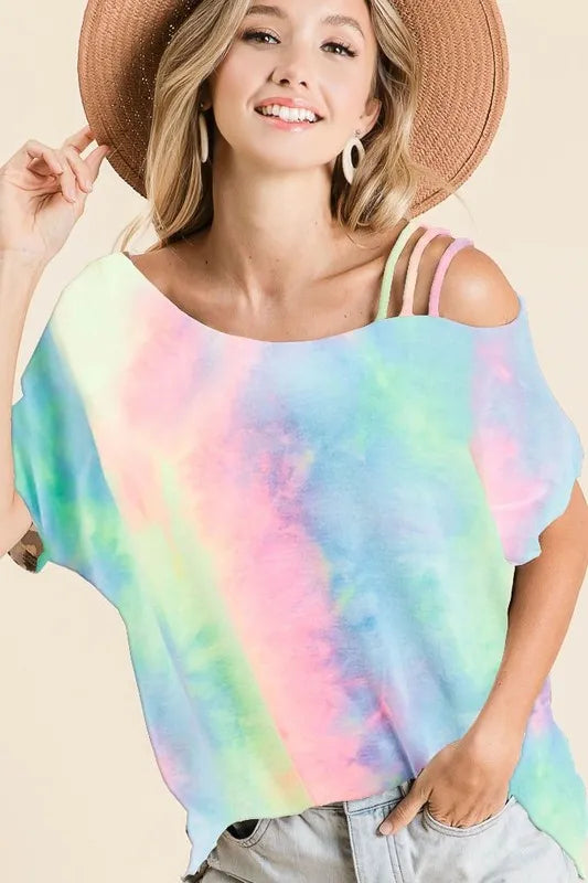 Image of BiBi Tie Dye French Terry Strapped One Shoulder Top | Queeble.shop