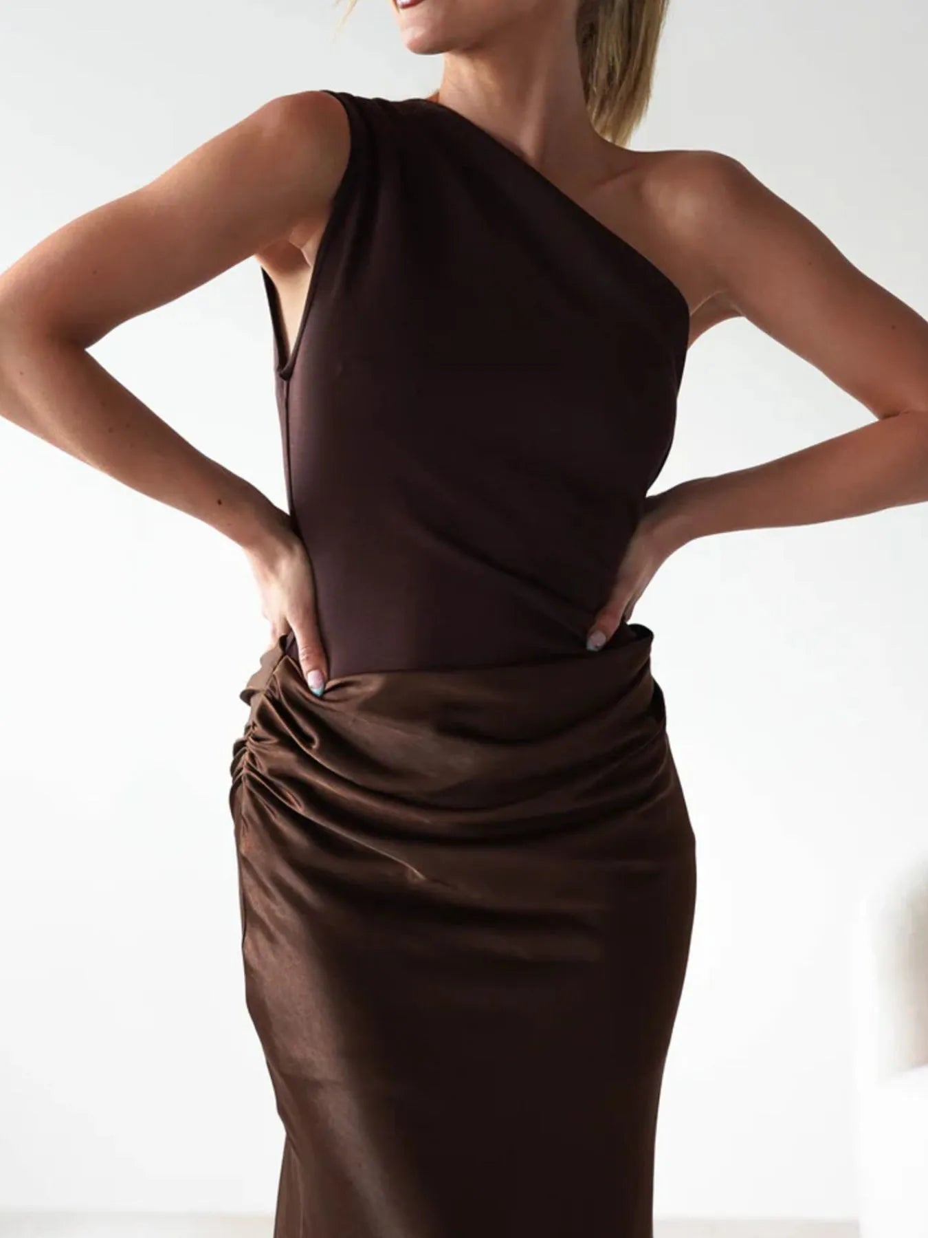 Image of One Shoulder Ruched Bodycon Maxi Dress | Queeble.shop