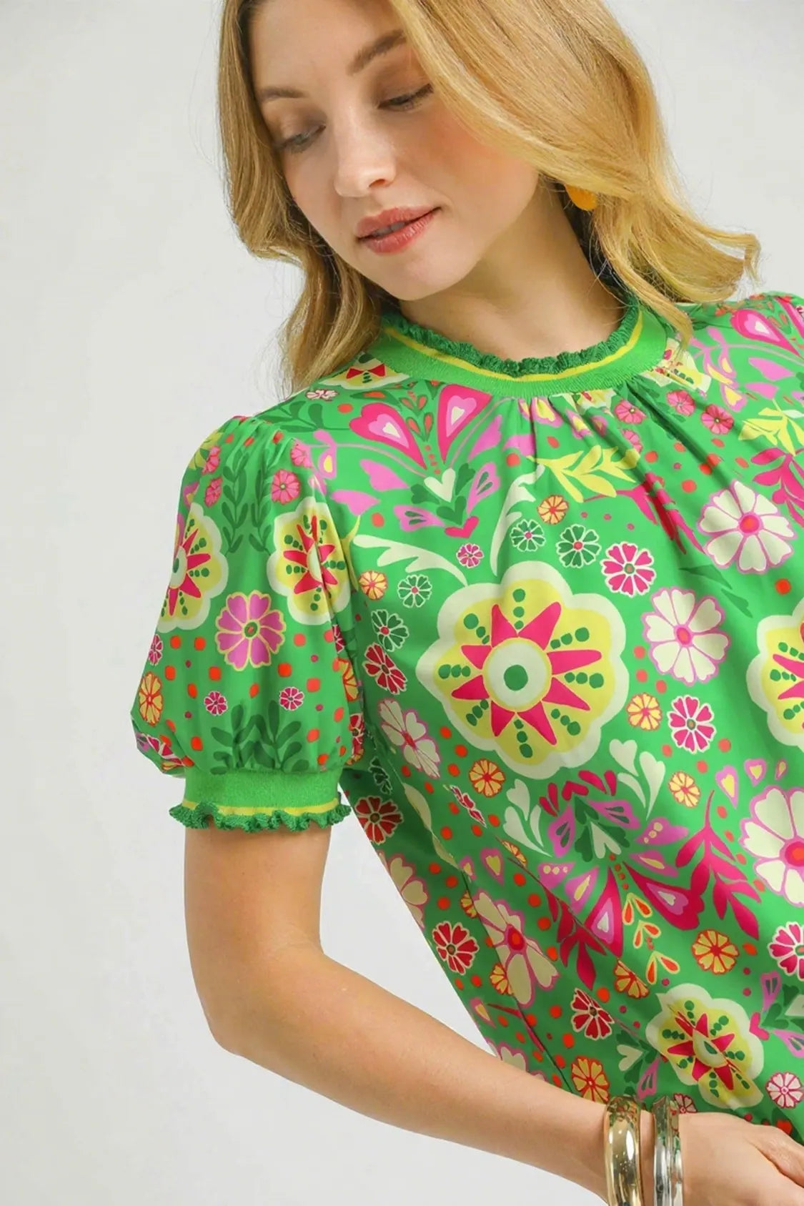 Image of Umgee Retro Floral Puff Sleeve Top | Queeble.shop