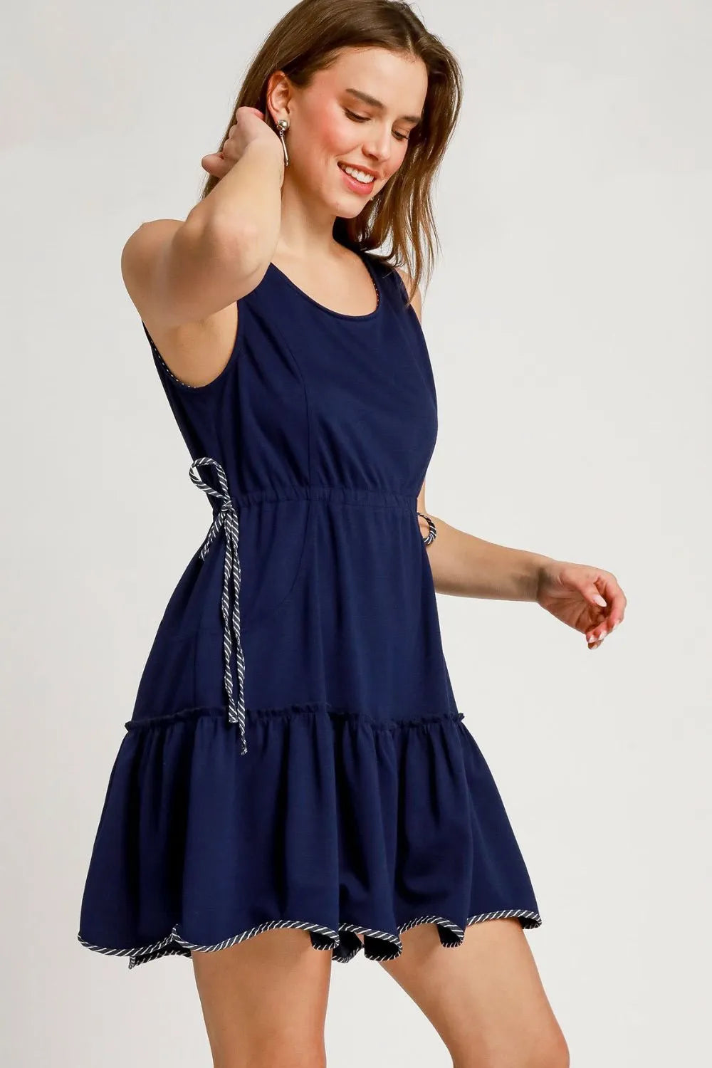 Image of Umgee Frill Drawstring Waist Round Neck Mini Tank Dress | Queeble.shop