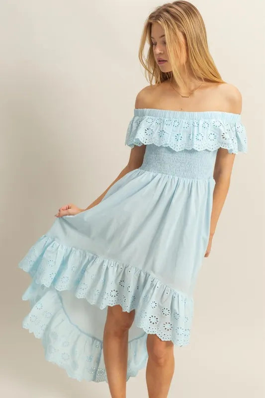 Image of HYFVE High-Low Eyelet Ruffled Off-Shoulder Dress | Queeble.shop