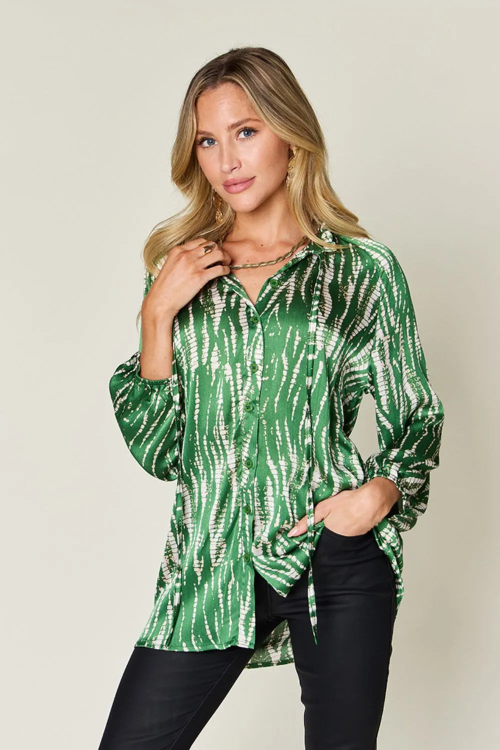 Image of Double Take Full Size Printed Button Up Long Sleeve Shirt | Queeble.shop