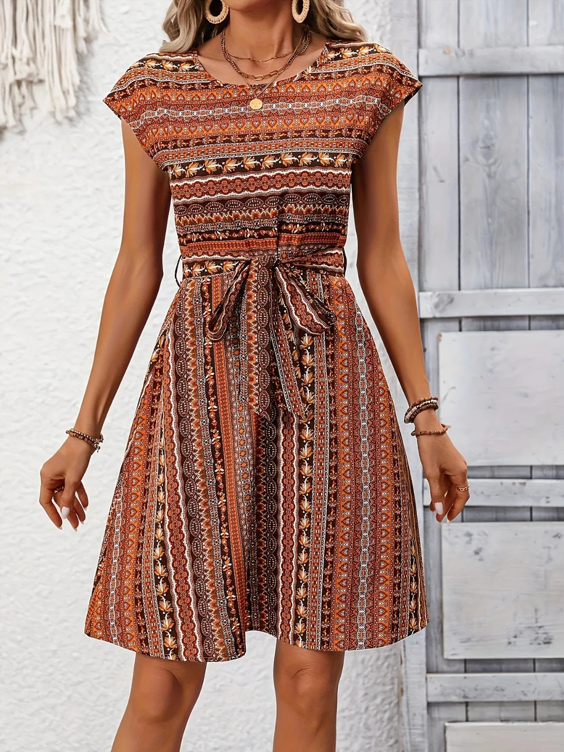 Image of Printed Round Neck Cap Sleeve Dress | Queeble.shop