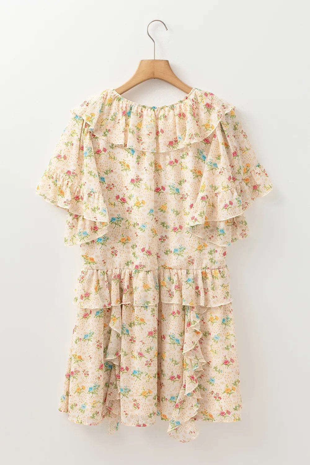 Image of Boho Floral Tassel Tie V Neck Ruffle Wide Sleeve Mini Dress | Queeble.shop