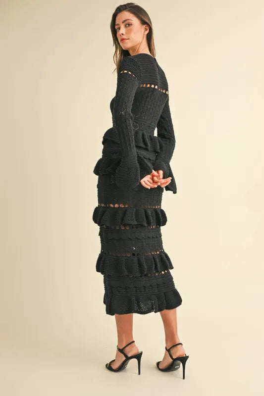 Image of MABLE Long Sleeve Tiered Ruffle Knit Midi Dress | Queeble.shop