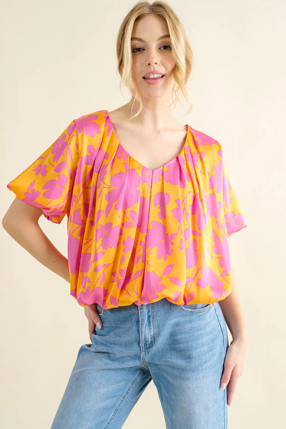 Image of And The Why Full Size Printed Satin Bubble Hem Top | Queeble.shop