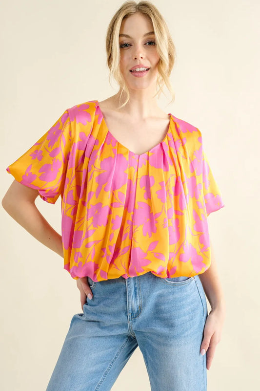 Image of And The Why Full Size Printed Satin Bubble Hem Top | Queeble.shop