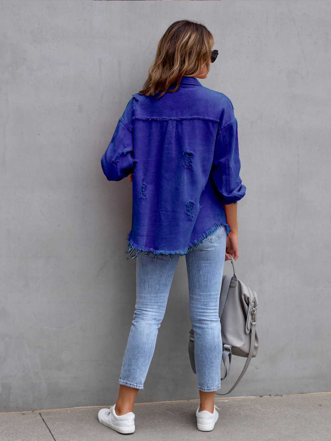 Image of Distressed Drop Shoulder Denim Jacket | Queeble.shop