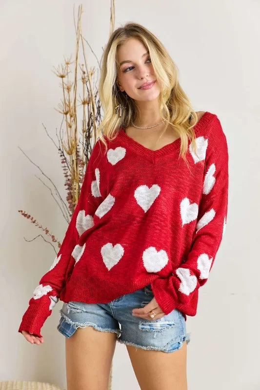 Image of ADORA Full Size Heart V-Neck Knit Top Plus Size | Queeble.shop