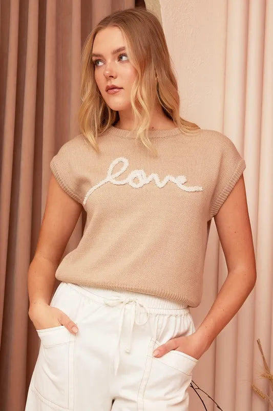Image of Mittoshop Contrast Letter Round Neck Cap Sleeve Knit Top | Queeble.shop