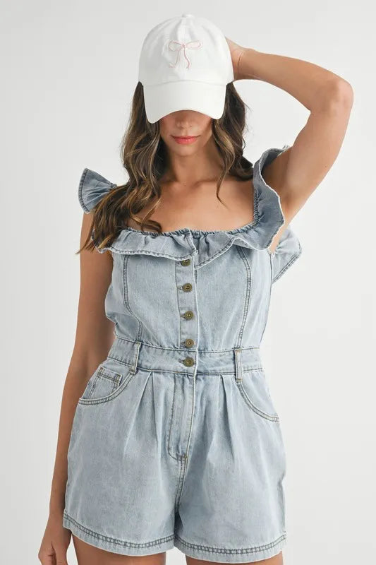Image of MABLE Off Shoulder Ruffle Detail Denim Romper | Queeble.shop