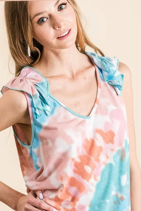 Image of BiBi Circular Tie Dye Knit V Neck Top With Ruffle | Queeble.shop