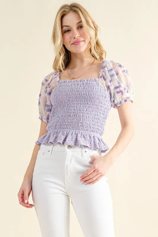 Image of And The Why Embellishment Sleeve Smocked Top | Queeble.shop