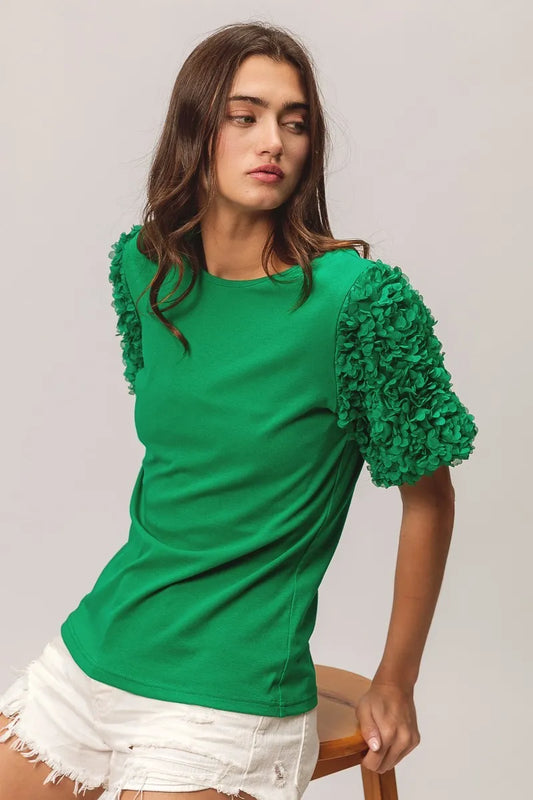 Image of BiBi Short Mesh Flower Sleeve Knit Top | Queeble.shop