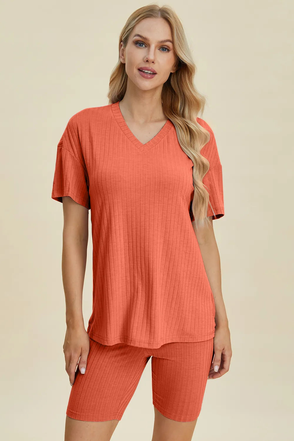 Image of Basic Bae Full Size Ribbed V-Neck Short Sleeve Top and Shorts Set | Queeble.shop