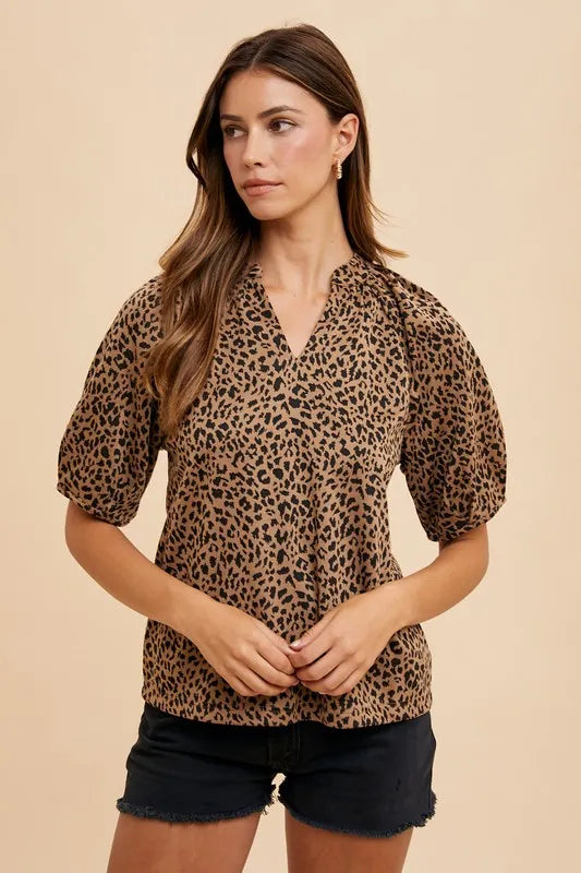Image of Annie Wear Animal Print Knit Volume Sleeve Blouse | Queeble.shop