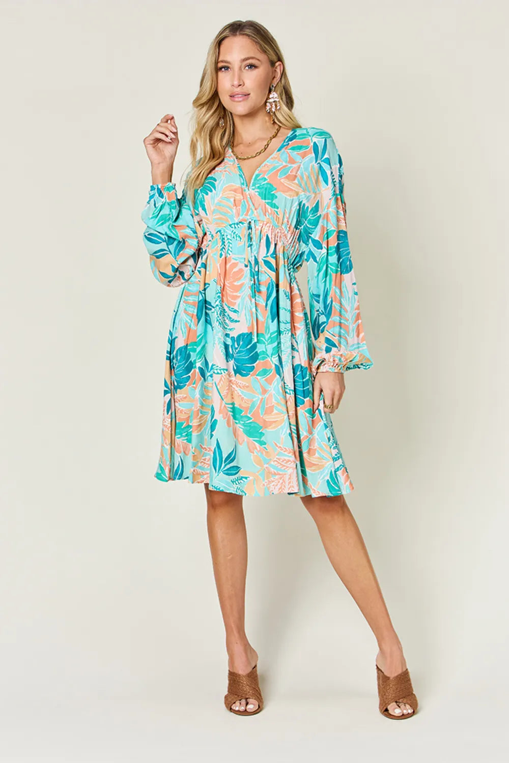 Image of Double Take Full Size Printed V-Neck Drawstring Dress | Queeble.shop