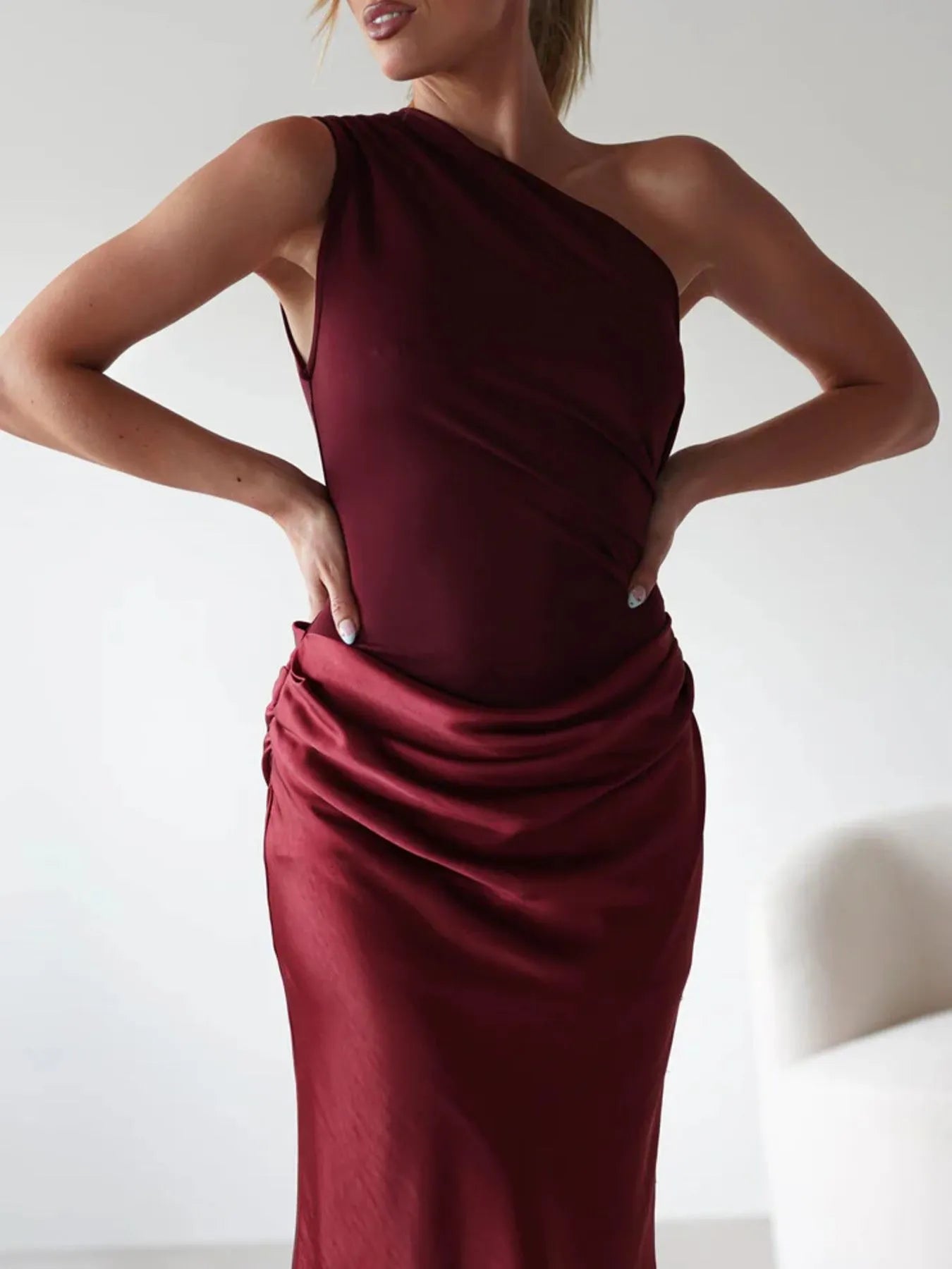Image of One Shoulder Ruched Bodycon Maxi Dress | Queeble.shop