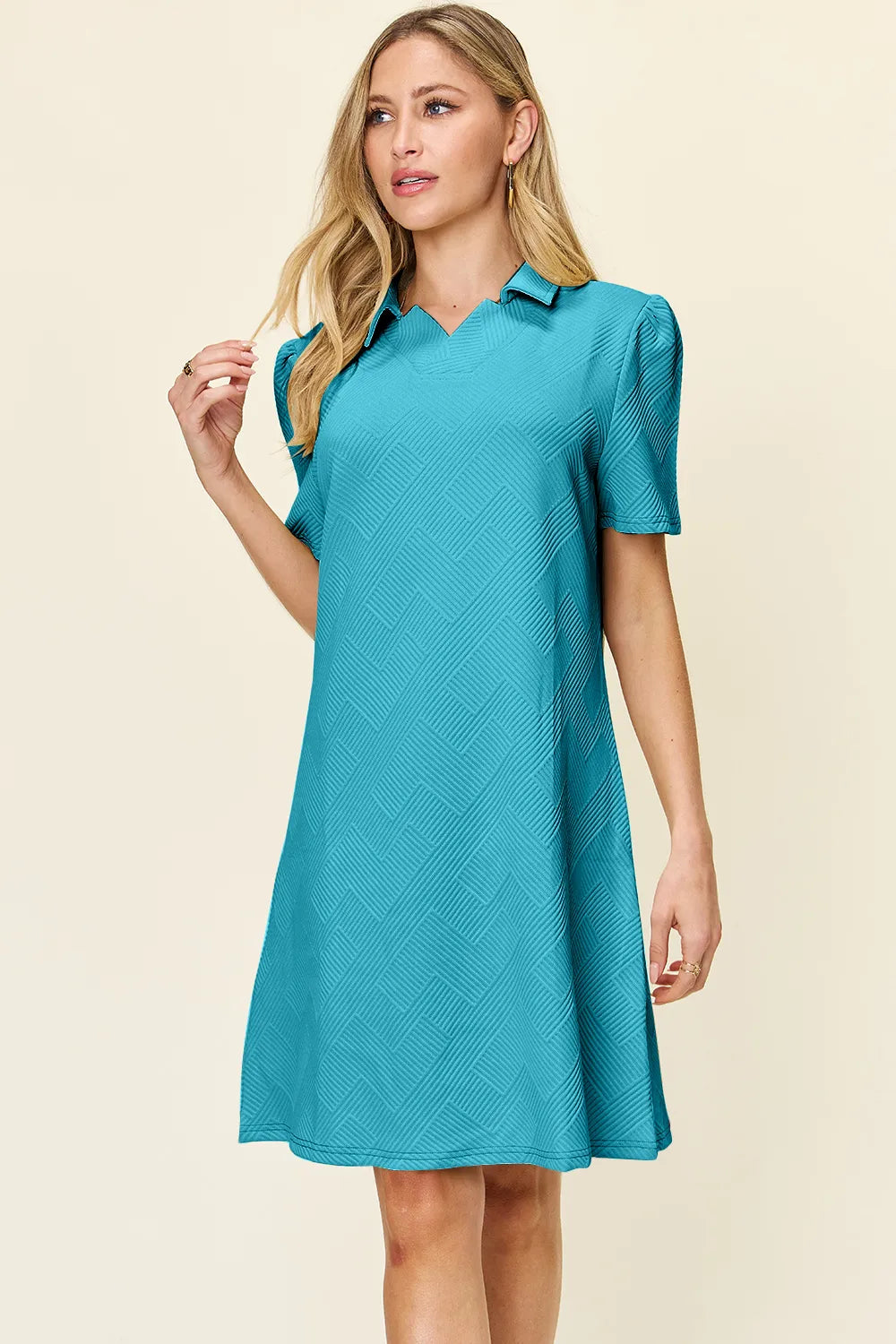 Image of Double Take Full Size Texture Collared Neck Short Sleeve Dress | Queeble.shop