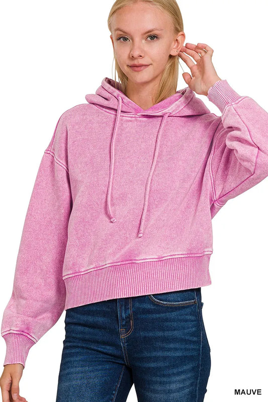 Image of Zenana Acid Wash Fleece Drawstring Cropped Hoodie | Queeble.shop