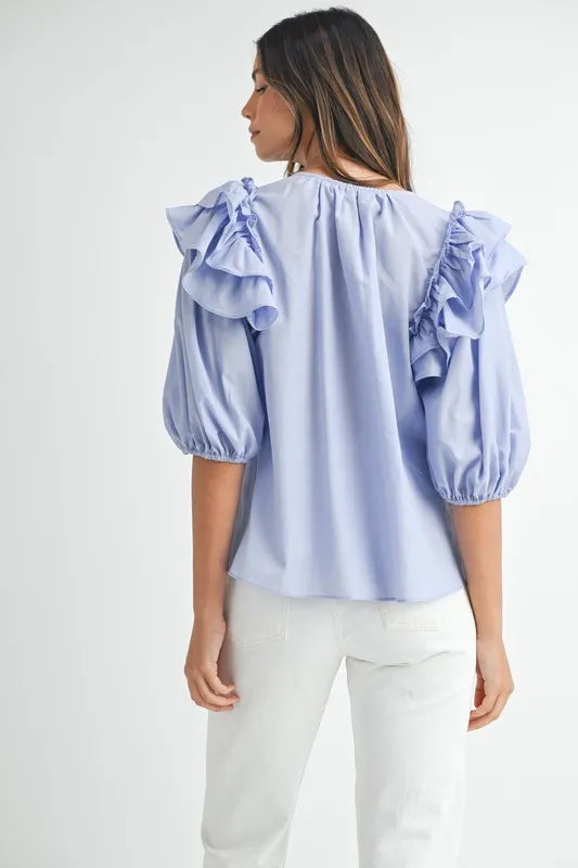 Image of MABLE Stripe Ruffle Shoulder Puff Sleeve Blouse | Queeble.shop