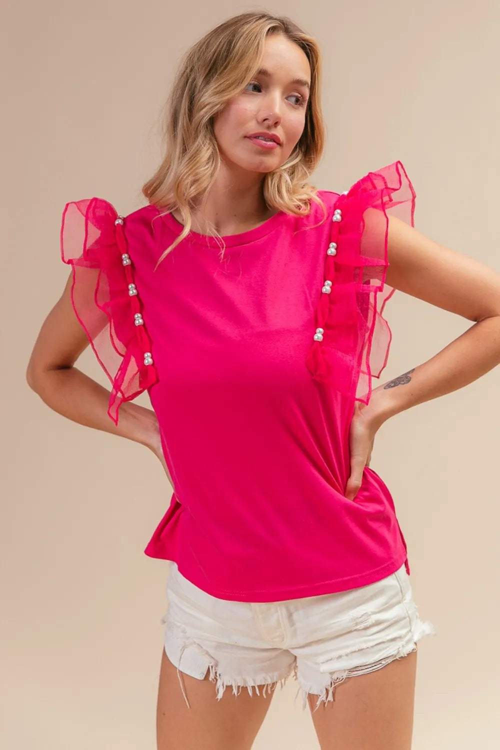 Image of BiBi Pearl Decor Mesh Ruffle Sleeve Top | Queeble.shop