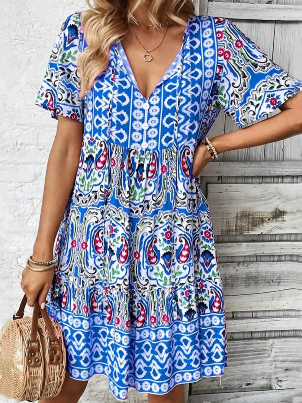 Image of Printed Tie Neck Short Sleeve Dress | Queeble.shop