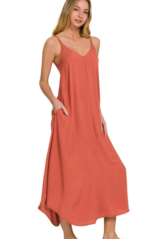 Image of Zenana Woven Arc Hem Cami Midi Dress With Flowy Pockets | Queeble.shop