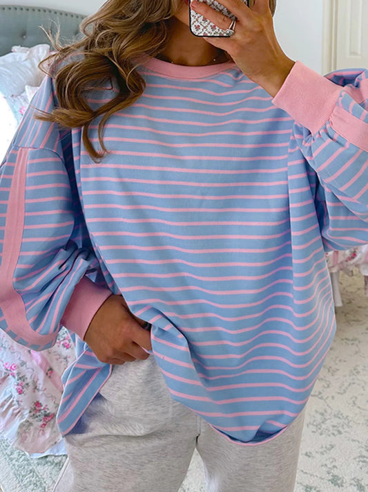 Image of Stripe Oversize Contrast Trim Drop Shoulder Sweatshirt | Queeble.shop