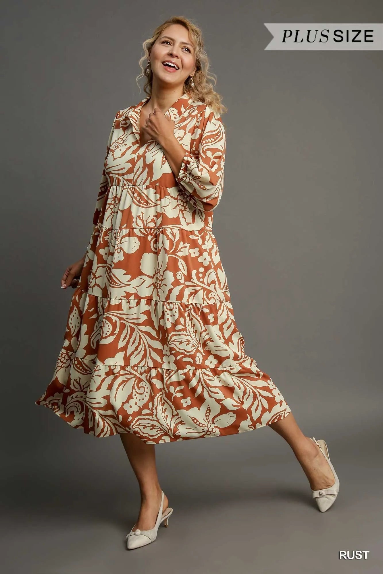 Image of Umgee Full Size Floral Tiered Midi Shirt Dress Plus Size | Queeble.shop