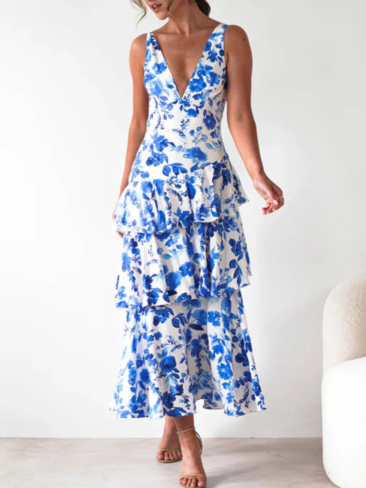 Image of Ruffled Layered Floral Deep V-Neck Dress | Queeble.shop