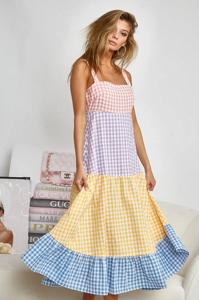 Image of BiBi Color Block Tiered Gingham Dress | Queeble.shop