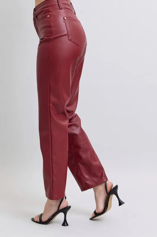 Image of Judy Blue Full Size High Waist Tummy Control Faux Leather Straight Pants Plus Size | Queeble.shop