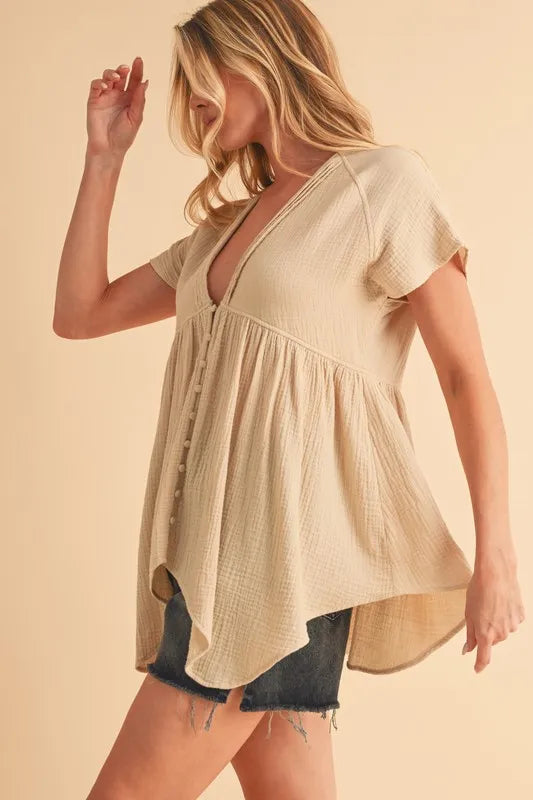 Image of Aemi + Co Tuck Detail V-Neck Short Sleeve Blouse | Queeble.shop