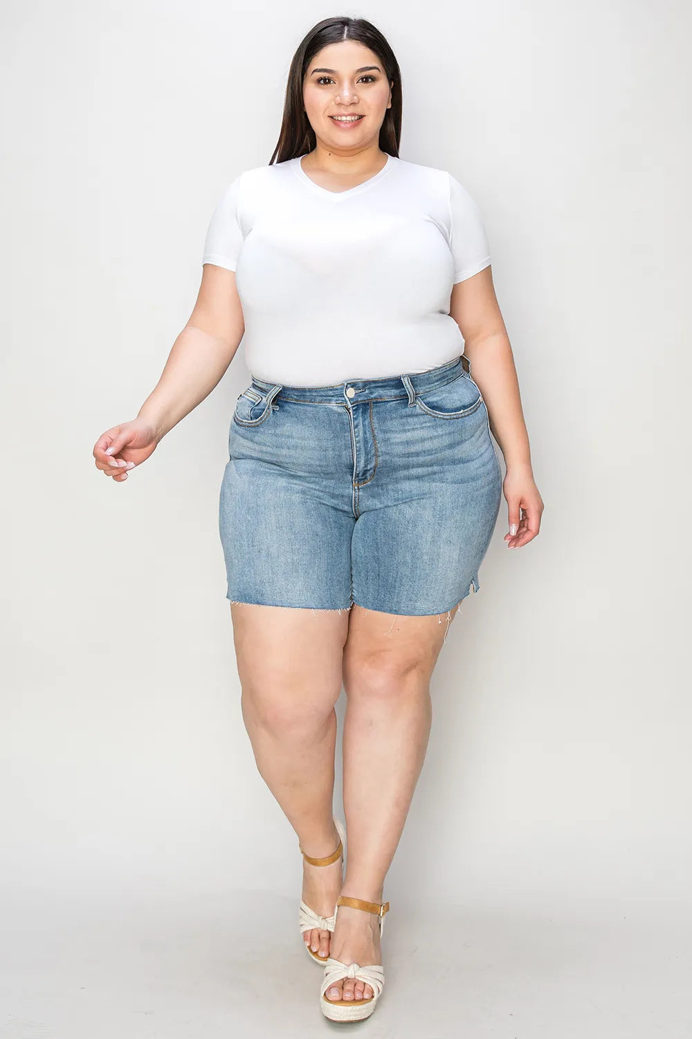 Image of Judy Blue Full Size High Waist Raw Hem Denim Shorts | Queeble.shop