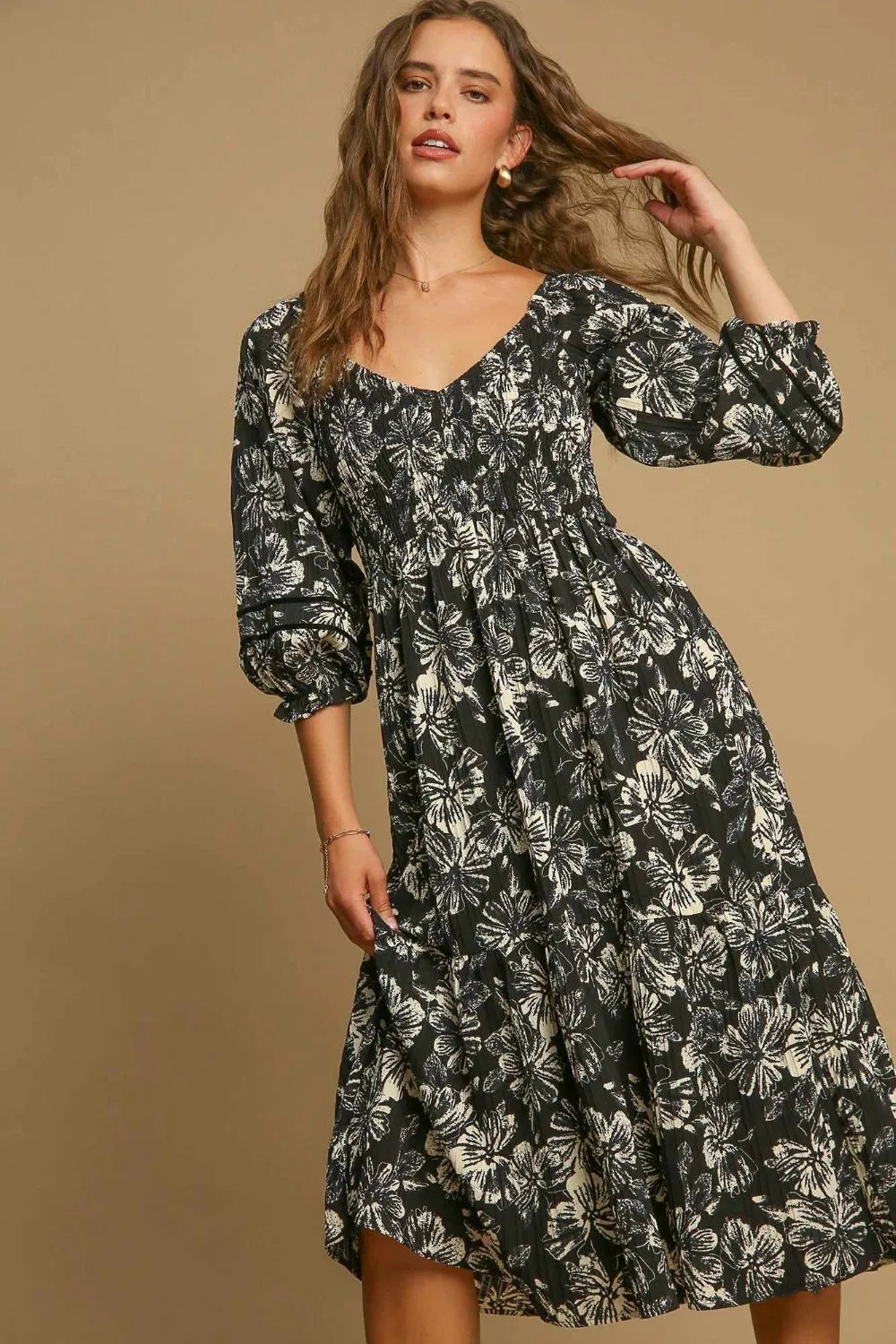 Image of Umgee Ruffle Hem Flower Printed V-Neck Dress | Queeble.shop