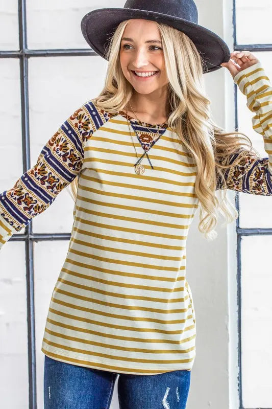 Image of And The Why Stripe Ethnic Print Raglan Top | Queeble.shop
