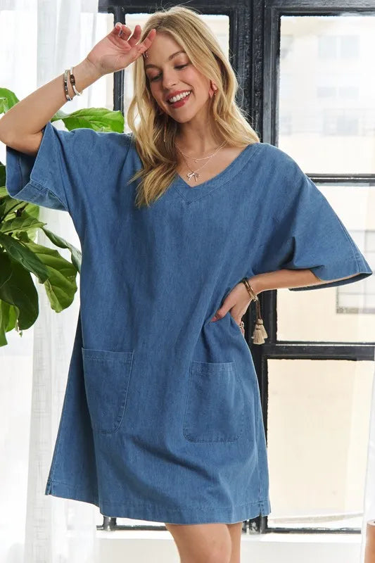 Image of ADORA V-Neck Half Sleeve Mini Denim Dress | Queeble.shop