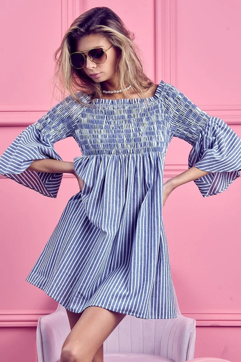 Image of BiBi Smocked Off Shoulder Striped Dress | Queeble.shop