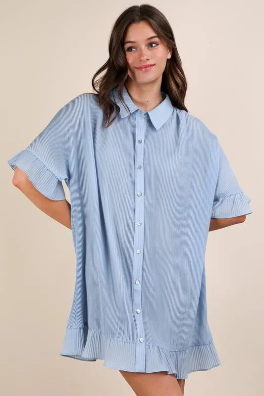 Image of VERY J Pleated Detail Button Down Mini Dress | Queeble.shop