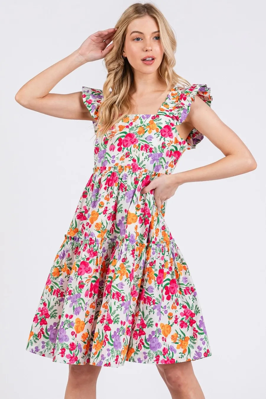 Image of Mittoshop Flower Print Ruffle Shoulder A-line Mini Dress | Queeble.shop