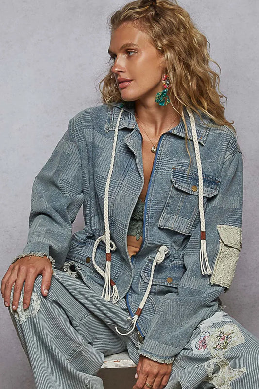 Image of POL Raw Hem Drawstring Zip Up Hooded Denim Jacket | Queeble.shop